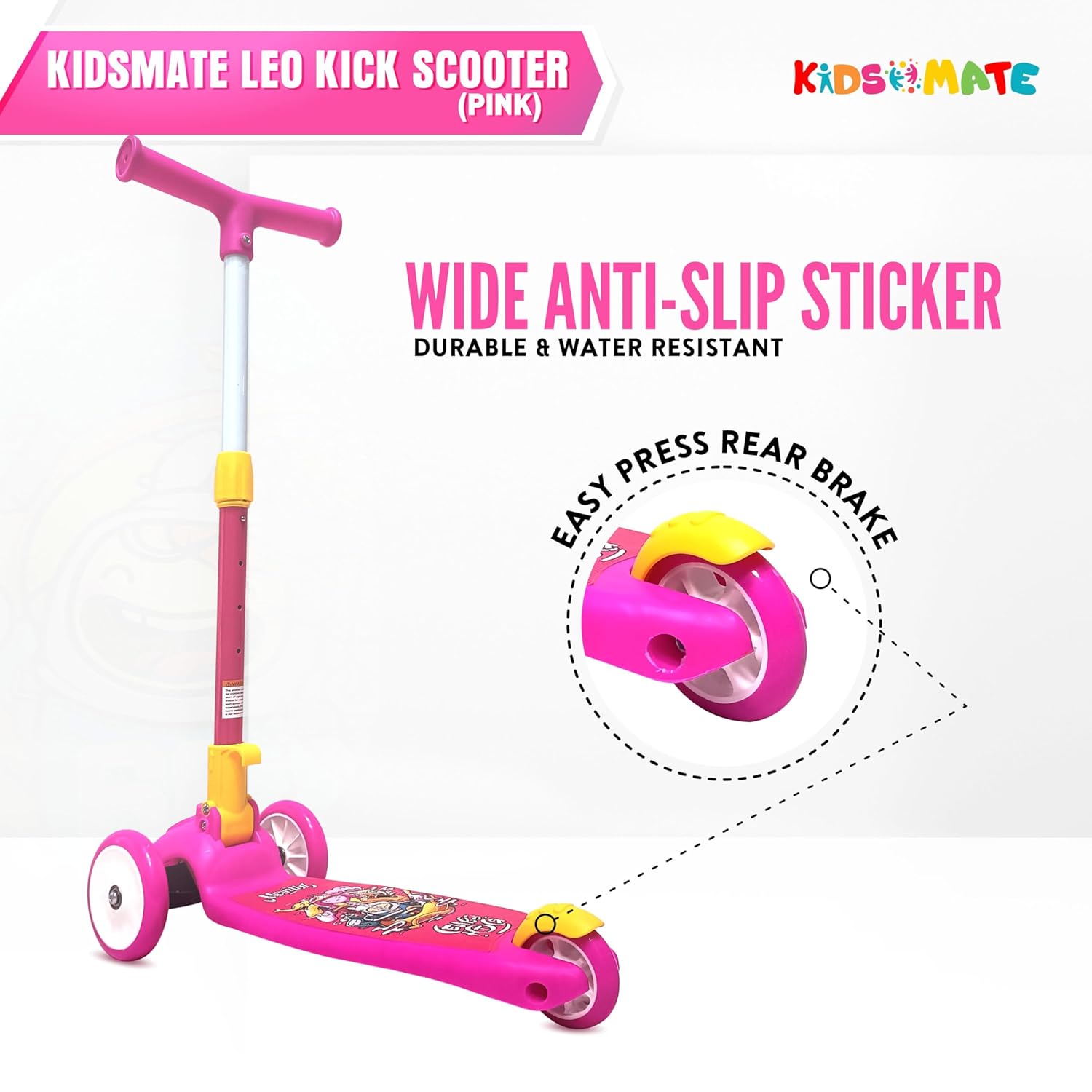 Kidsmate Leo Kick Scooter in black, designed for kids with 3 adjustable height settings, broad PVC wheels, and a reliable rare brake. Its foldable design makes storage and transport easy." www.usmile.toys www.usmile.toys